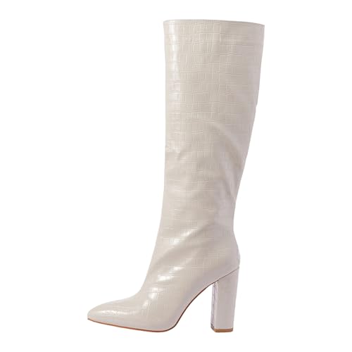 Generisch Damen Stiefel mit Absatz Elegant Spitz Kniehohe Stiefel für Damen, quadratische Zehenpartie, niedriger Absatz, zum Überziehen, hohe unterhalb des Knies, lange elegante (White, 39) von Generisch