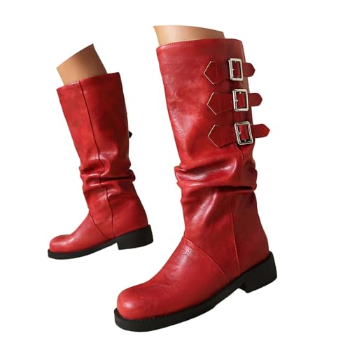 Generisch Damen Stiefel mit Absatz Elegant mit Reißverschluss Stiefeletten Damen Schnürstiefel Reißverschluss Herbst Winter Boots Kniehohe Stiefel für extra weiter Wade. (Red, 39) von Generisch