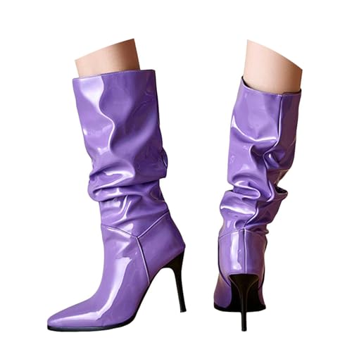 Generisch Damen Stiefel mit Absatz Elegant mit Stiefelette Hohem Absatz Seitlichem Damen Ankle Boot Stiletto High Heel Mid Calf Stiefel Closed Pointed Toe Abendschuhe (Purple, 37) von Generisch