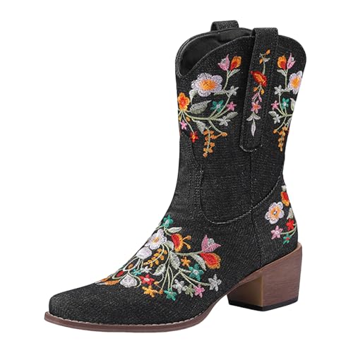 Generisch Damen Stiefel mit Absatz mit Reißverschluss Vegan Damen Stiefeletten Blumenstickerei, floraler Snip, quadratische Zehenpartie, Western Cowboystiefel, kurze Stiefel zum Überziehen (38) von Generisch