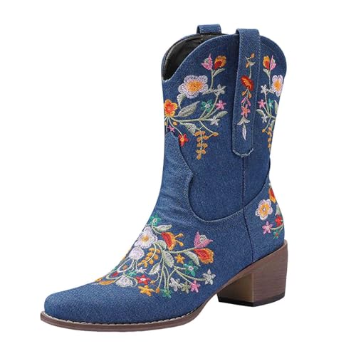 Generisch Damen Stiefel mit Absatz mit Reißverschluss Vegan Damen Stiefeletten Blumenstickerei, floraler Snip, quadratische Zehenpartie, Western Cowboystiefel, kurze Stiefel zum Überziehen (Blue, 37) von Generisch