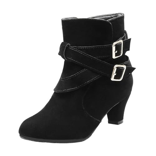 Generisch Damen Stiefeletten Autumn und Winter Gürtelschnalle Mid Heel Wildleder Kurze Stiefel mit Blockabsatz Winterstiefel Spitz Niederung Ankle Boots von Generisch