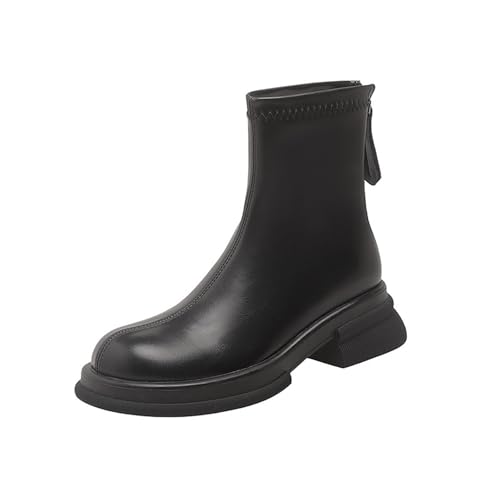 Generisch Damen Stiefeletten Leder Kurzstiefel mit Rückenreißverschluss Halbstiefel Ankle Boots Vintage Runde Zehe Cowboyschuhe Flach Mokassin Stiefel Herbst Winter Western Lederstiefel von Generisch