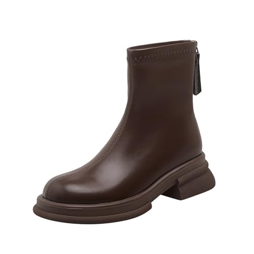 Generisch Damen Stiefeletten Leder Kurzstiefel mit Rückenreißverschluss Halbstiefel Ankle Boots Vintage Runde Zehe Cowboyschuhe Flach Mokassin Stiefel Herbst Winter Western Lederstiefel von Generisch