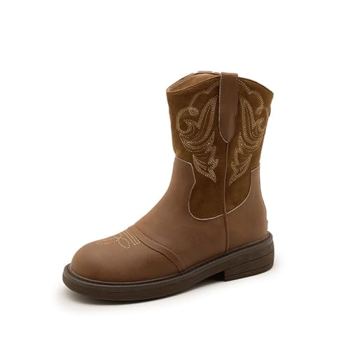 Generisch Damen-Stiefeletten Leichte Wander- Und Arbeitsstiefel Mit Klobigem, Niedrigem Absatz Modische Cowgirl-Stiefel Mit Runder Spitze(Khaki,35 EU) von Generisch