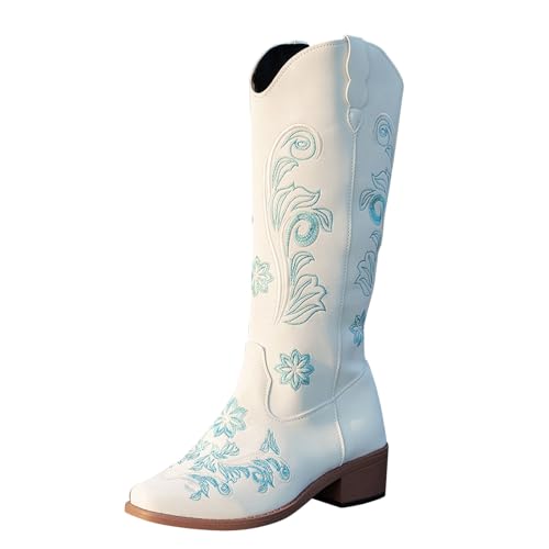 Generisch Damen Stiefeletten Mit Absatz Winter,Lederstiefel Mit Weiter Wade Und Absatz Für Damen,Einfarbige Blockabsatz,Stiefel Stickerei,Damenstiefel Mit Weiter Wade von Generisch