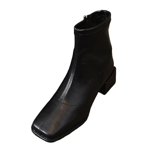 Generisch Damen Stiefeletten Quadratische Zehe Chunky Block Heel Kurze Stiefeletten Winter Kleid Schuhe mit seitlichem Reißverschluss (Black, 35) von Generisch