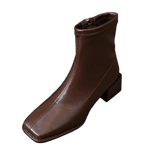 Generisch Damen Stiefeletten Quadratische Zehe Chunky Block Heel Kurze Stiefeletten Winter Kleid Schuhe mit seitlichem Reißverschluss (Brown, 38) von Generisch