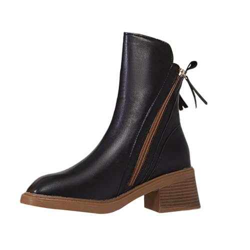 Generisch Damen Stiefeletten Quadratische Zehe Chunky Stacked Heel Western Kurze Stiefeletten mit seitlichem Reißverschluss (Black, 37) von Generisch