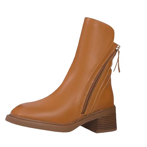 Generisch Damen Stiefeletten Quadratische Zehe Chunky Stacked Heel Western Kurze Stiefeletten mit seitlichem Reißverschluss (Brown, 38) von Generisch