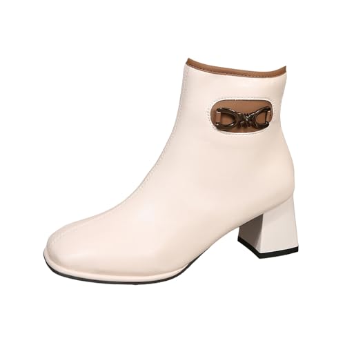 Generisch Damen Stiefeletten Quadratische Zehe Seitliche Schnalle Chunky Block Heel Kurze Stiefeletten mit seitlichem Reißverschluss (Beige, 40) von Generisch