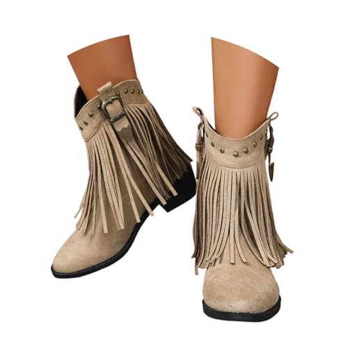Generisch Damen Stiefeletten Westernstiefel Veloursleder Niedrige Absätze Fransenstiefel Plateau Ankle Boots Knöchelstiefel Winter Schlupfstiefel Elegant Schuhe von Generisch