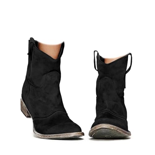 Generisch Damen-Stiefeletten aus Wildleder, bequem und stilvoll zu einem erschwinglichen Preis, Slip-On mit mittlerem Absatz, breite und vielseitige lässige Westernstiefel (Black,41) von Generisch