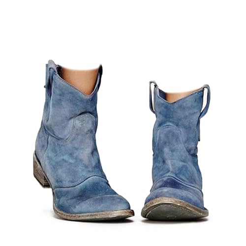 Generisch Damen-Stiefeletten aus Wildleder, bequem und stilvoll zu einem erschwinglichen Preis, Slip-On mit mittlerem Absatz, breite und vielseitige lässige Westernstiefel (Light Blue,36) von Generisch