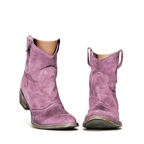 Generisch Damen-Stiefeletten aus Wildleder, bequem und stilvoll zu einem erschwinglichen Preis, Slip-On mit mittlerem Absatz, breite und vielseitige lässige Westernstiefel (Purple,43) von Generisch