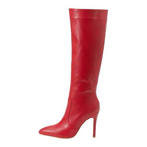 Generisch Damen Stiefeletten mit Absatz Elegant Blockabsatz Klassische knielange, modische Winterstiefel mit mittelhohem Absatz und seitlichem Reißverschluss (Red, 39) von Generisch