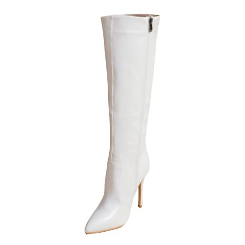 Generisch Damen Stiefeletten mit Absatz Elegant Blockabsatz Klassische knielange, modische Winterstiefel mit mittelhohem Absatz und seitlichem Reißverschluss (White, 38) von Generisch