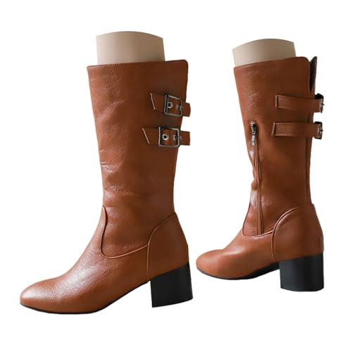 Generisch Damen Stiefeletten mit Absatz Elegant Blockabsatz Kniehohe Damenstiefel mit klobigem Absatz und spitzer Zehenpartie, bequem und modisch für Herbst Winter für Damen. (Brown, 37) von Generisch