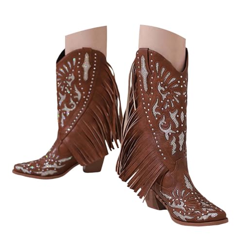 Generisch Damen Stiefeletten mit Absatz Elegant Blockabsatz Stiefeletten Damen Herbst Winter Boots Damenstiefel Fransen kniehohe Cowboystiefel dickem Absatz und bestickter Snip Toe (Brown, 37) von Generisch