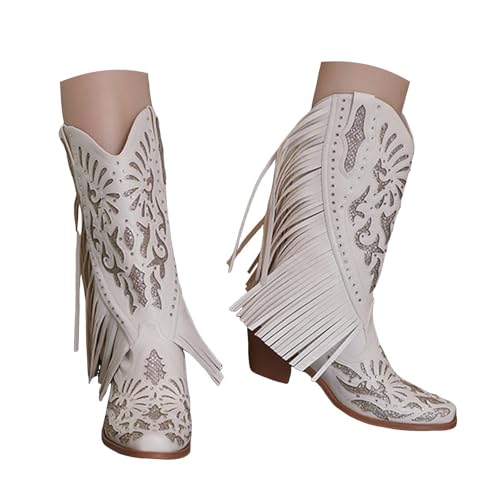 Generisch Damen Stiefeletten mit Absatz Elegant Blockabsatz Stiefeletten Damen Herbst Winter Boots Damenstiefel Fransen kniehohe Cowboystiefel dickem Absatz und bestickter Snip Toe (White, 37) von Generisch