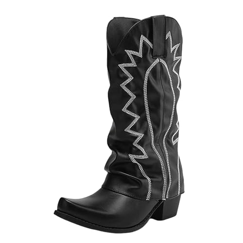 Generisch Damen Stiefeletten mit Absatz Elegant Spitz Cowboystiefel für Damen, kniehohe Stiefel, spitze Zehenpartie, klobiger Absatz, Cowboy Wildlederschuhe mit besticktem Überzieher (35) von Generisch