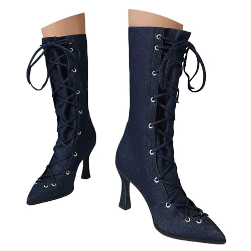 Generisch Damen Stiefeletten mit Absatz Elegant Spitz Damen Jeansstiefel mit mittelhoher Wadenhöhe, spitze Zehenpartie, Schnürstiefel Cowboy Absatz, Stiletto Überschenkelstiefel, Blau (35) von Generisch