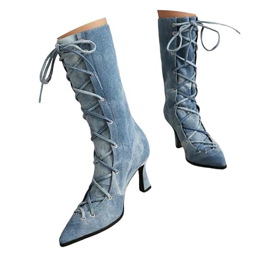 Generisch Damen Stiefeletten mit Absatz Elegant Spitz Damen Jeansstiefel mit mittelhoher Wadenhöhe, spitze Zehenpartie, Schnürstiefel Cowboy Absatz, Stiletto Überschenkelstiefel, Blau (Blue, 37) von Generisch