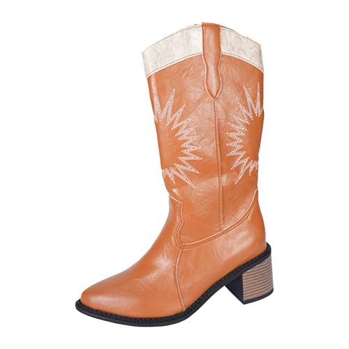Generisch Damen Stiefeletten mit Absatz Elegant Spitz Damen Western Cowboystiefel mit mittlerer Wade, Stiefel für Blumenstickerei, seitlichem Reißverschluss und klobigem Absatz (Brown, 42) von Generisch
