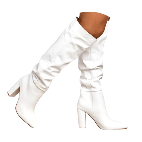 Generisch Damen Stiefeletten mit Absatz Elegant Spitz Damen Winterstiefel mit lässigem Absatz, wadenlang, Wildleder, zum Hineinschlüpfen, klobiger Blockabsatz, spitze Zehenpartie (White, 36) von Generisch