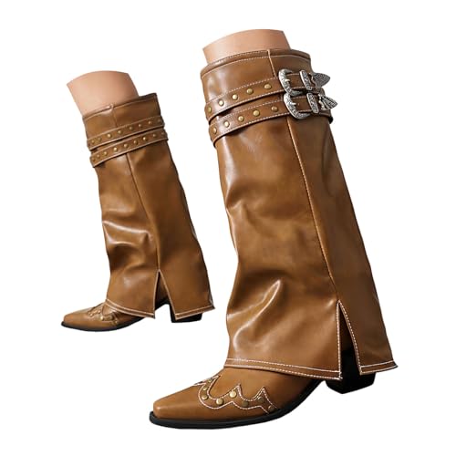 Generisch Damen Stiefeletten mit Absatz Elegant Spitz Umschlagstiefel für Damen, kniehoher Overlay Stiefel, klobiger Blockabsatz, hoher Schlupfstiefel, Umschlagstiefel mit breiter Wade (Beige, 35) von Generisch