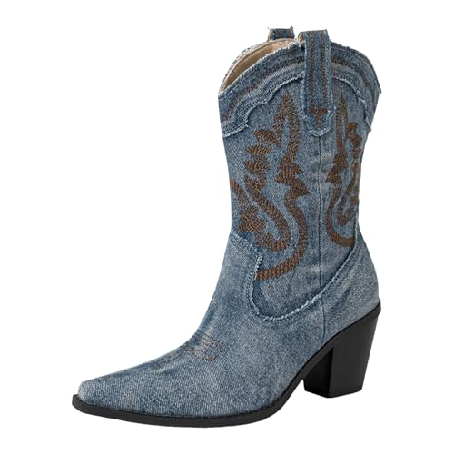 Generisch Damen Stiefeletten mit Absatz Elegant mit Reißverschluss Cowboystiefel für Damen, Stiefeletten, breite, wadenlange Westernstiefel spitzer Zehenpartie, kurze, klobige, klassische (Blue, 41) von Generisch