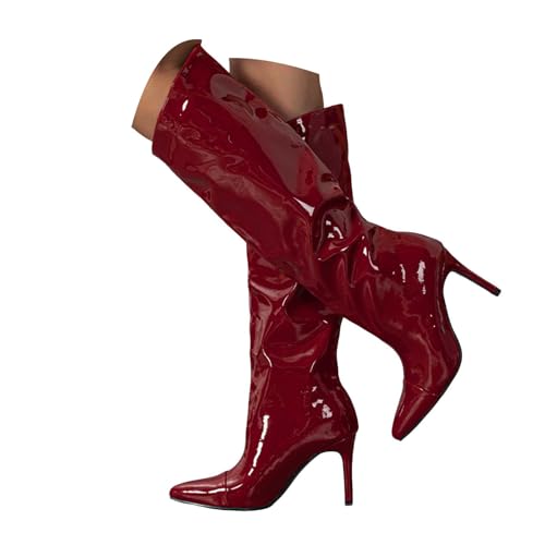 Generisch Damen Stiefeletten mit Absatz Elegant mit Reißverschluss Damen Kniehohe Stiefel Spitzschuh Stiletto High Heel Metallic Party Elegant Schlupfstiefeletten Schuhe (Red, 36) von Generisch