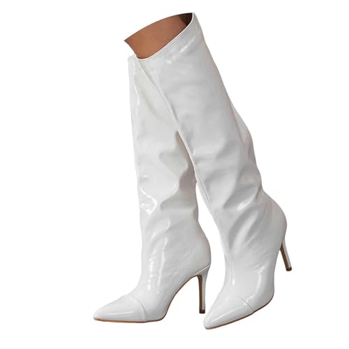 Generisch Damen Stiefeletten mit Absatz Elegant mit Reißverschluss Damen Kniehohe Stiefel Spitzschuh Stiletto High Heel Metallic Party Elegant Schlupfstiefeletten Schuhe (White, 37) von Generisch