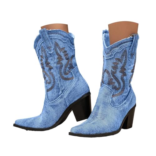 Generisch Damen Stiefeletten mit Absatz Elegant mit Reißverschluss Damen Stiefel aus besticktem Denim zum Hineinschlüpfen Blockabsatz,Vintage Stiefel Partys und Cocktailpartys (Blue, 39) von Generisch
