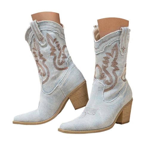 Generisch Damen Stiefeletten mit Absatz Elegant mit Reißverschluss Damen Stiefel aus besticktem Denim zum Hineinschlüpfen Blockabsatz,Vintage Stiefel Partys und Cocktailpartys (Light Blue, 35) von Generisch