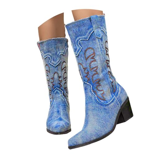 Generisch Damen Stiefeletten mit Absatz mit Reißverschluss Vegan Damen Cowboystiefel, Wadenhohe Stiefel, Western Wildleder, zum Hineinschlüpfen, Mandelspitze, klobiger Absatz (Blue, 42) von Generisch