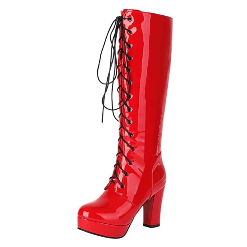 Generisch Damen Stiefeletten mit Absatz mit Reißverschluss Vegan Damenstiefel Plateau Schnürung, hoher Absatz, klobiger wadenlanger Stiefel Reißverschluss, runde Zehenpartie (Red, 36) von Generisch