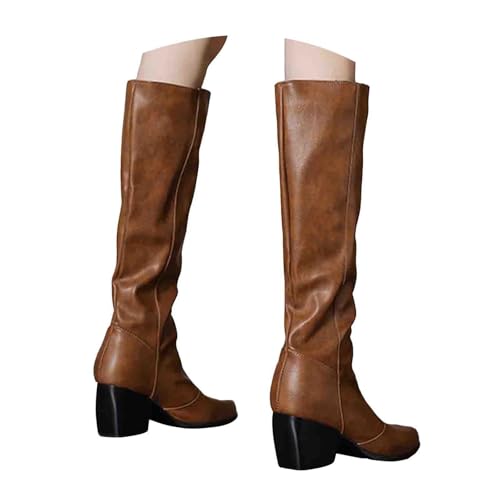 Generisch Damen Stiefeletten mit Absatz mit Reißverschluss Vegan Overknee Stiefel quadratischer Zehenpartie, klobigem Absatz, lässige Kniestrümpfe für Damen (Brown, 37) von Generisch