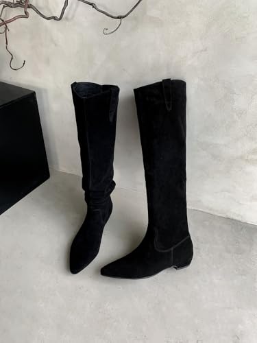 Generisch Damen Stiefeletten mit Flacher Sohle Nubuk Leder Schlupfstiefel Weiches Innenfutter Bequem Elegant Hoher Schaft (Graphit schwarzer Samt,39) von Generisch