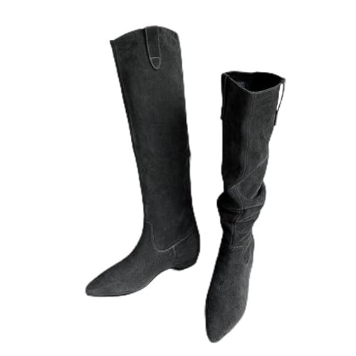 Generisch Damen Stiefeletten mit Flacher Sohle Nubuk Leder Schlupfstiefel Weiches Innenfutter Bequem Elegant Hoher Schaft (Meteorit-Asche-Samt,39) von Generisch