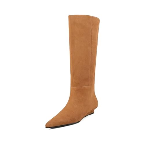 Generisch Damen Stiefeletten mit Keilabsatz Nubuk Leder Reißverschluss Seitlich Hoher Schaft Elegante Herbst Winter Stiefel (Kamel,39) von Generisch