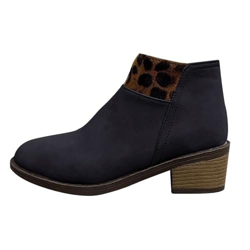Generisch Damen Stiefeletten mit Leopardenmuster Spitze Zehenpartie Chunky Western-Kurzstiefeletten mit Stapelabsatz und seitlichem Reißverschluss (Black, 42) von Generisch
