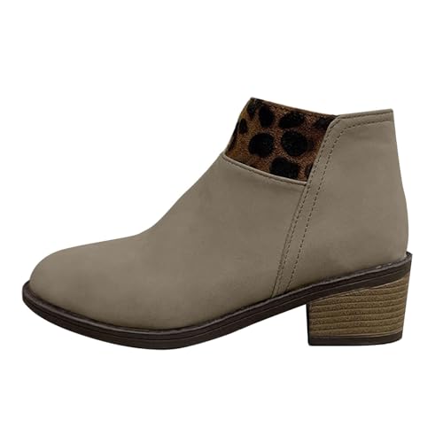 Generisch Damen Stiefeletten mit Leopardenmuster Spitze Zehenpartie Chunky Western-Kurzstiefeletten mit Stapelabsatz und seitlichem Reißverschluss (Khaki, 42) von Generisch