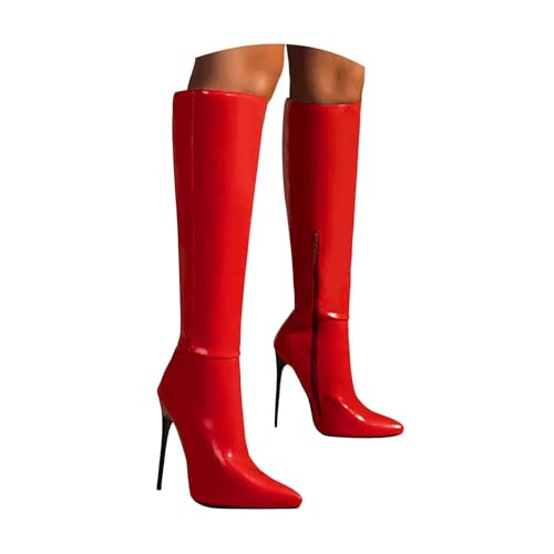 Generisch Damen Stiefeletten mit Queenie Absatz Elegant Damen Kniehohe Stiefel High Heels Elegante Zehen Stilettos Stiefel mit Reißverschluss 12CM Absatz (Red, 39) von Generisch