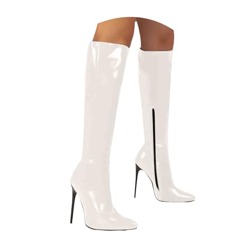 Generisch Damen Stiefeletten mit Queenie Absatz Elegant Damen Kniehohe Stiefel High Heels Elegante Zehen Stilettos Stiefel mit Reißverschluss 12CM Absatz (White, 36) von Generisch