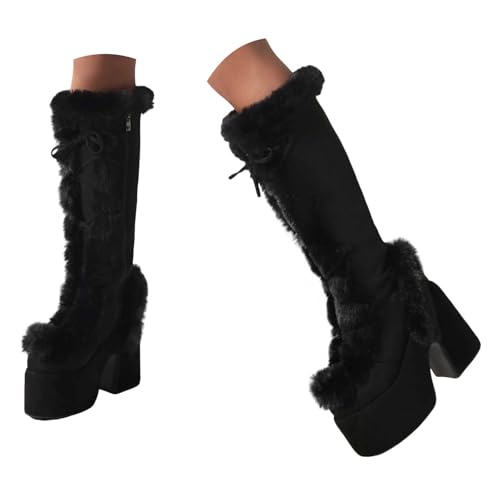 Generisch Damen Stiefeletten mit Queenie Absatz Elegant Damen Kniehohe Wildleder Plateaustiefel Wintermode Runde Zehenpartie High Heel mit seitlichem Reißverschluss (35) von Generisch
