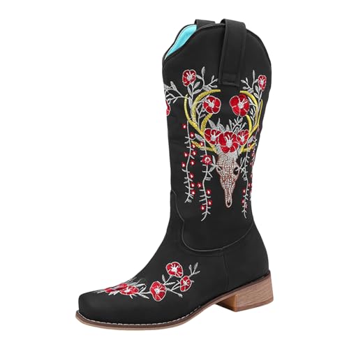 Generisch Damen Stiefeletten mit Queenie Absatz Elegant Damen Westernstiefel mit halbhoher Wadenhöhe Blumenstickerei, quadratische Zehenpartie,perfekt für Country Idyll Konzerte mehr (37) von Generisch