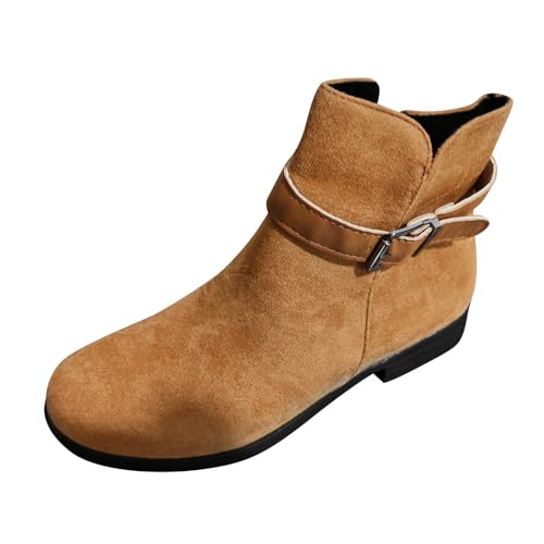 Generisch Damen Stiefeletten mit flachem Boden seitlichem Reißverschluss Schnalle modische Ankle Boots komfortable Kurzstiefel für jeden (Brown, 41) von Generisch