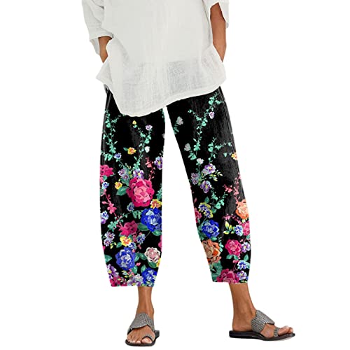 Generisch Damen Stoffhose Große Größen Bunte Blumen Druck Drucken Weites Bein Sommerhose Lose Hose 9-Punkte-Hosen Boho Strandhose Haremshosen Straight Bein Hose Leicht Freizeithose Leicht von Generisch