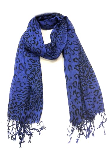 Generisch Damen Stola Schal Halstuch Tuch Langschal Fransen Lang schal mit Leo Leopard Muster Accessoires (A Blau) von Generisch